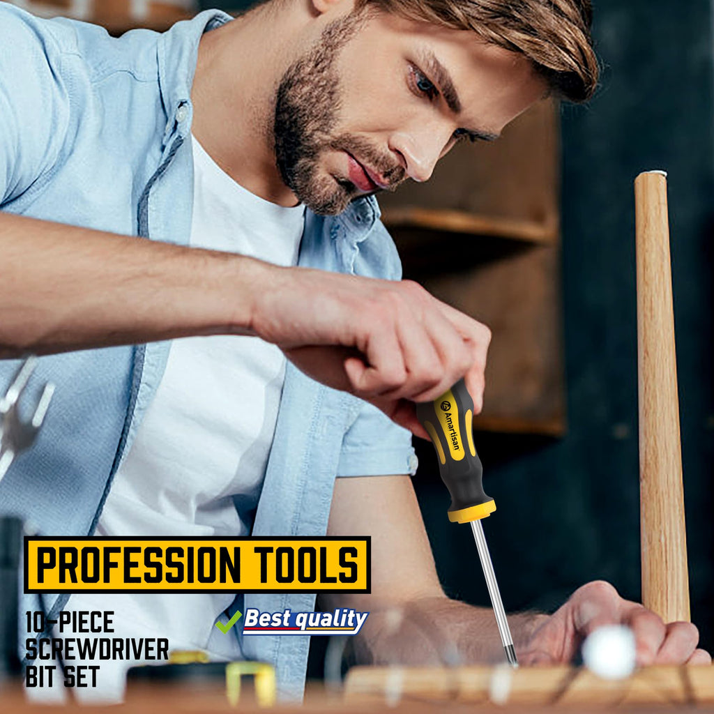 Amartisan 10-Piece Magnetic Screwdrivers Set, 5 Phillips and 5 Slotted Tips Professional Cushion Grip Screwdriver Set 2pcs Portable Multifunction Key Mini Screwdriver (Yellow)