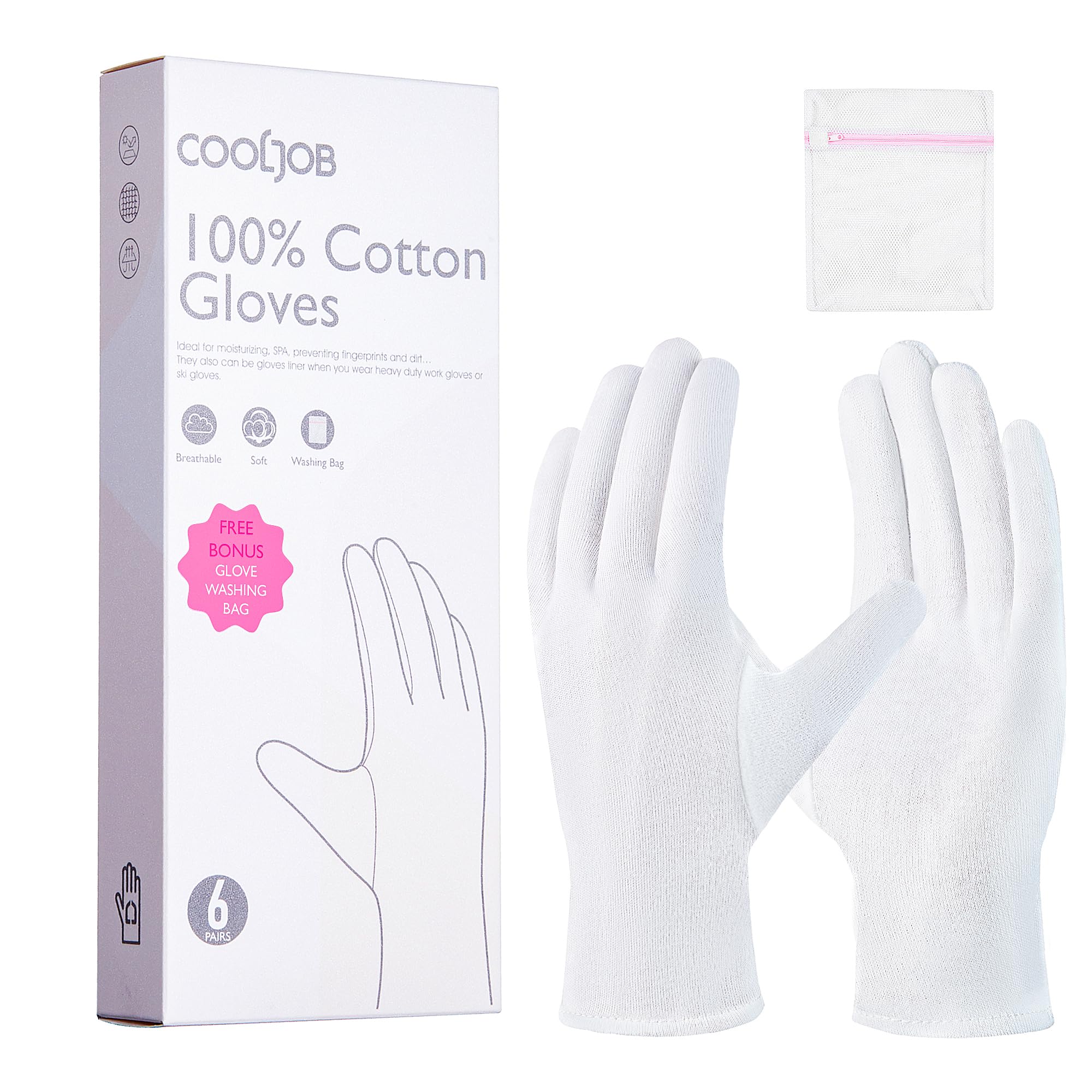 COOLJOB 100% Cotton Gloves, 6 Pairs White Cotton Gloves for Dry Hands Moisturizing & Eczema, Overnight Lotion, Sleep & Spa Treatment for Women & Men, Breathable Work Glove Liners, Large Size