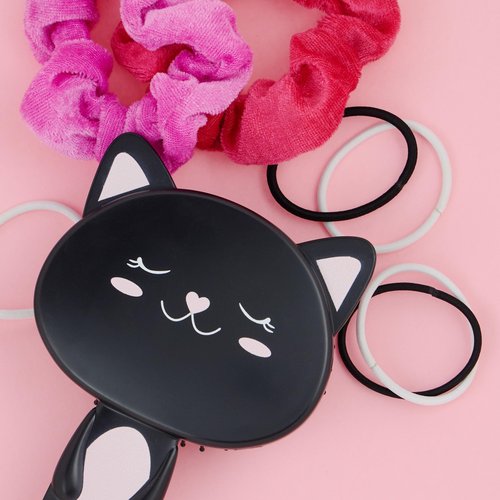 Hairbrush - 1pc Cute Animal Character Hairbrush, Comfort & Control Cushion Hair Brush w/Gentle Bristles, Cushion Base, and Animal Ears (BLACK CAT)