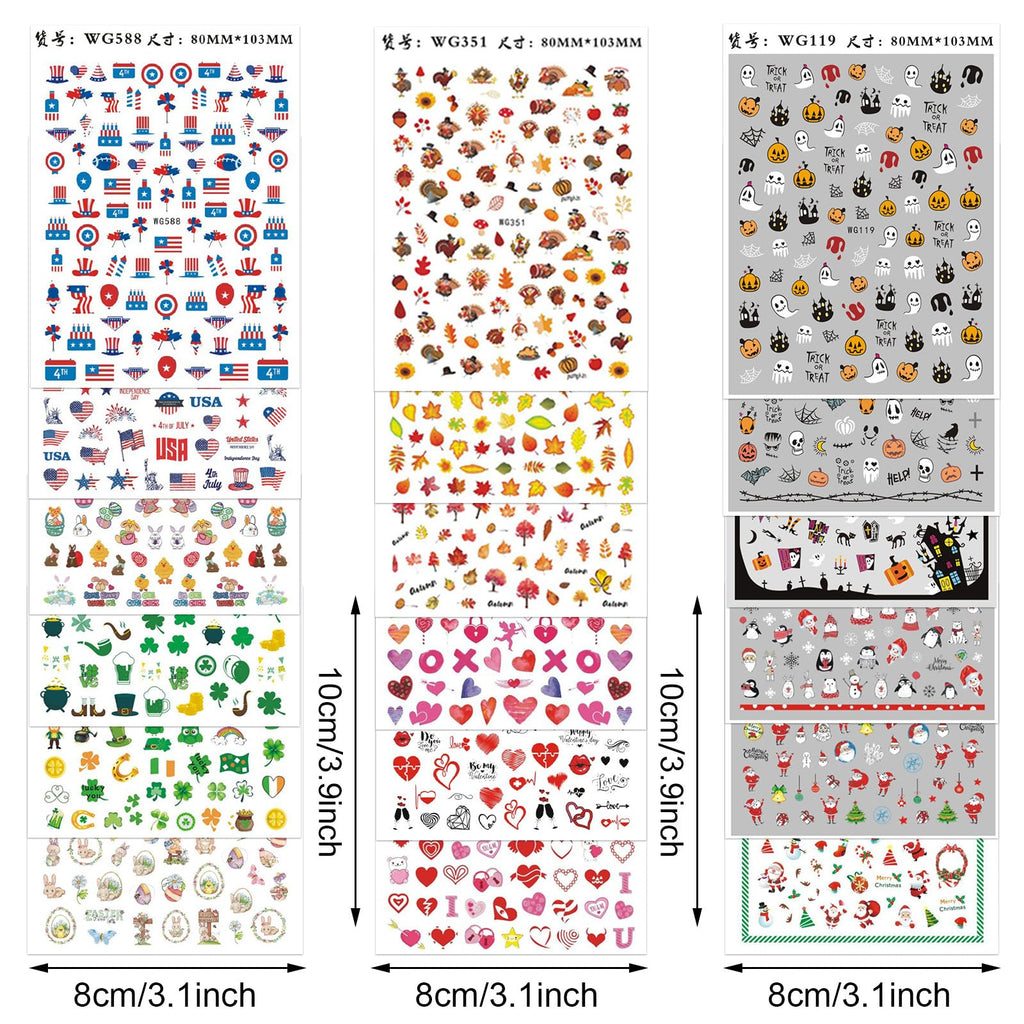 Whaline 18 Sheets Valentine Nail Art Stickers All Holiday Nail Decals St Patricks Day All Season Fall Halloween Winter Christmas 4th of July Self-Adhesive Nail Decals for DIY Manicure Party Decor