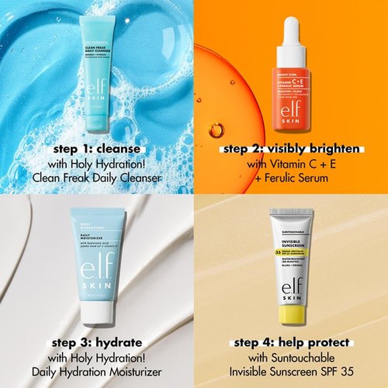 e.l.f. SKIN Wake the e.l.f. Up Skincare Kit, Travel-Size Hydrating Face Cleanser, Sunscreen, Moisturizer & Brightening Serum, Vegan & Cruelty-Free