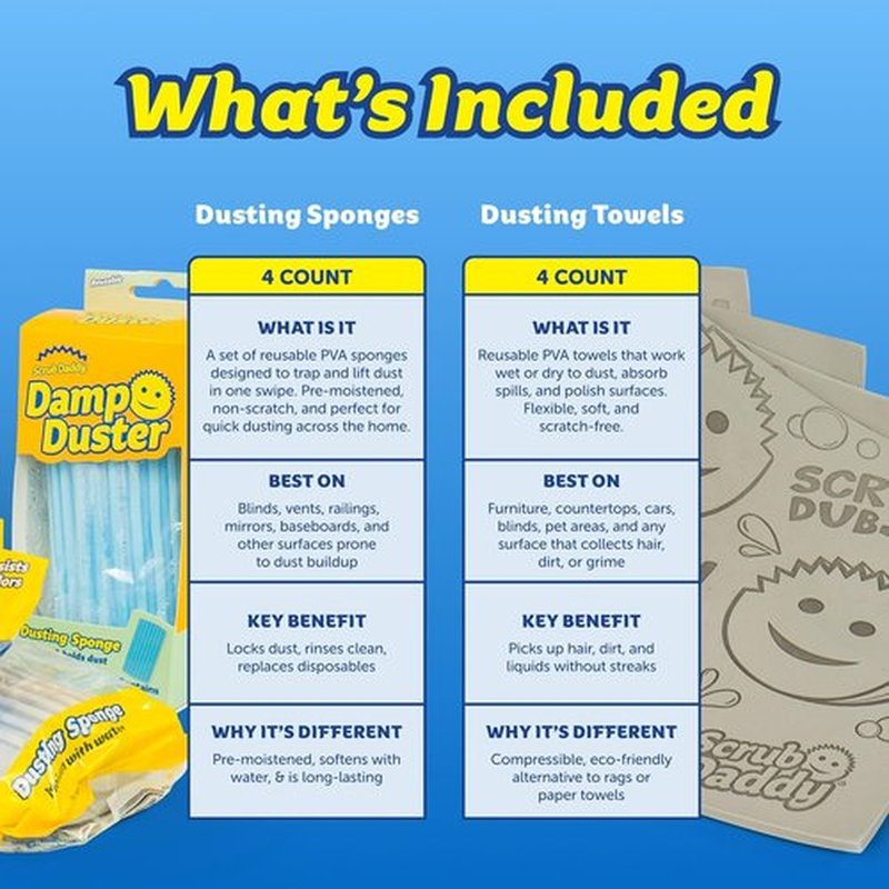 Scrub Daddy Damp Duster Sponge & Towel Bundle - 4 Dusting Sponges & 4 Damp Towels for Easy Cleaning (8 Piece Set)