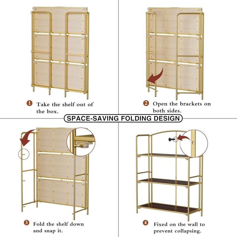 Crofy Folding Bookshelf - 3-Tier Gold Collapsible Bookcase for Living Room & Home Office Storage