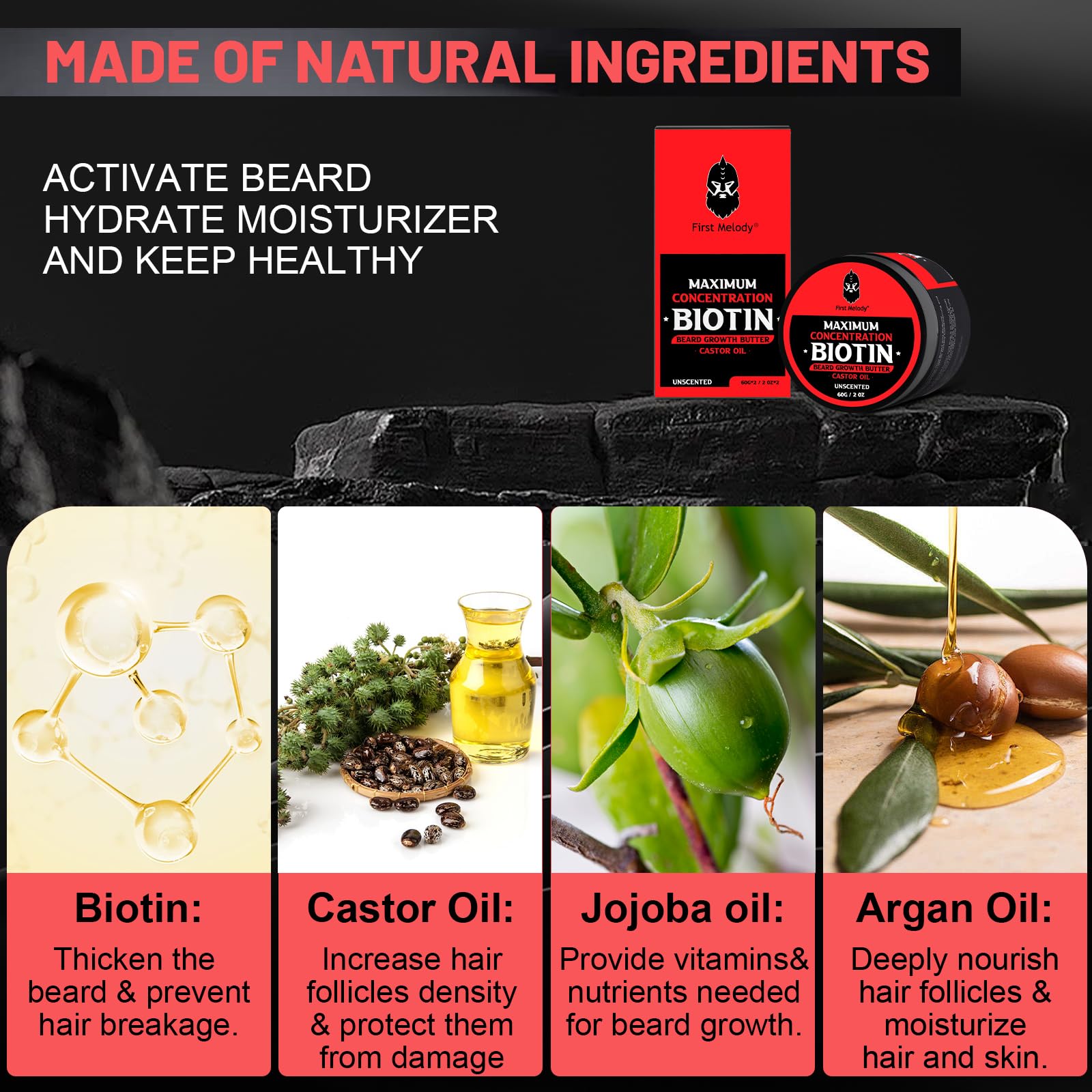 Beard Butter,Maximum Concentration Biotin,with Castor Oil and Argan & Jojoba Oils, Promotes Beard Growth, Styles, Strengthens & Softens Beards ,Unruly Beards While Relieving Itch,2 Ounce*2 (2 Pack)