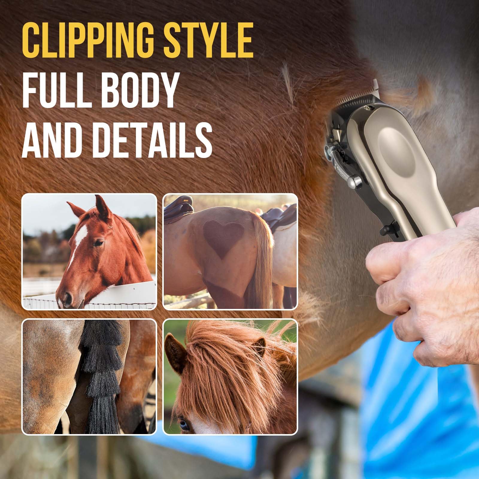 Ciphuoly Horse Clippers Cordless Quiet, Professional Livestock Clippers with 4 Guide Guards, Electric Rechargeable Cordless Grooming Clippers for Horse, Cats and Dogs