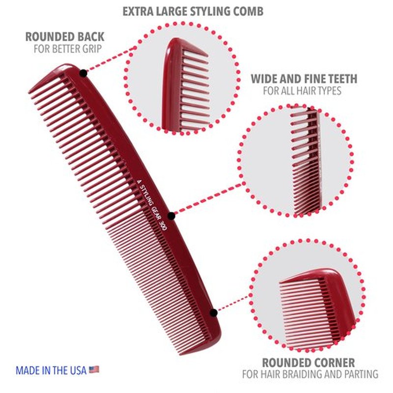 Styling Gear No. 300 Large Comb - 8.5" Specialty Hair Styling & Cutting Comb for Barbers and Stylists, Burgundy 1 Pc.