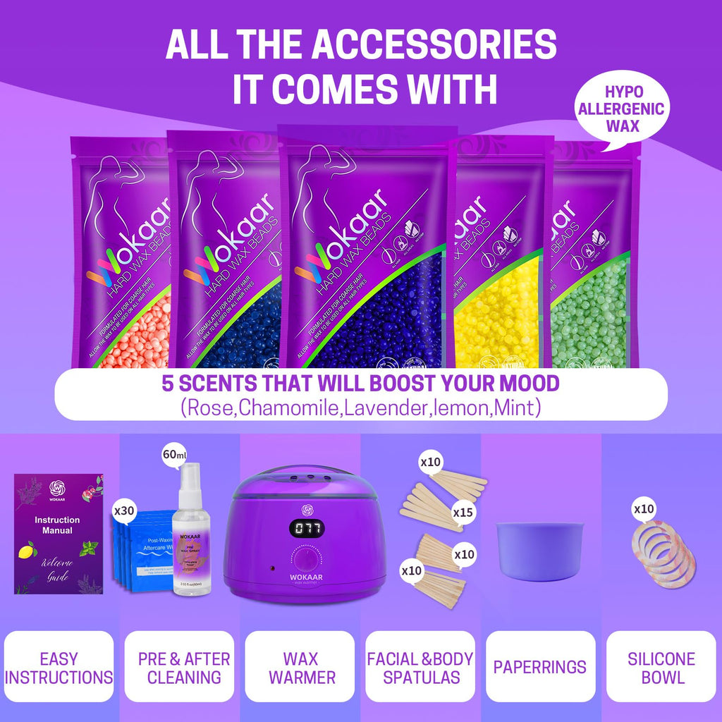 Wokaar Full Body Waxing Kit for Women Men, NEW 17.6 oz Wax Beads,Gentle, Hypoallergenic,Per Month Wax Kit for Sensitive, Combination Skin - Wax Warmer For Hair Removal, Easy To Use