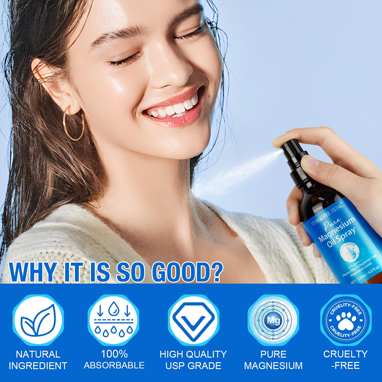 Magnesium Spray, Pure Magnesium Oil Spray Natural in Glass Bottle, Easy to Absorb and Use 120ml