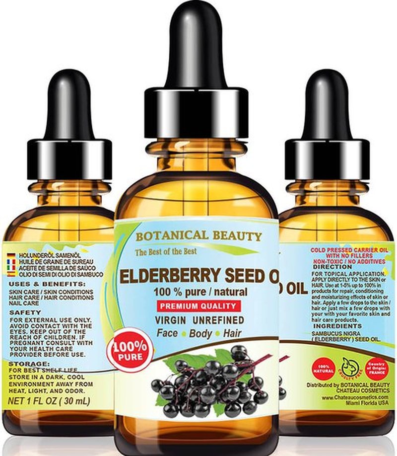 Belgian Elderberry Seed Oil Sambucus Nigra 100% Pure Natural Virgin Unrefined Cold Pressed Carrier Oil 1 Fl. Oz.- 30 ml for FACE, Skin, Hair, Nails, Anti-Aging by Botanical Beauty