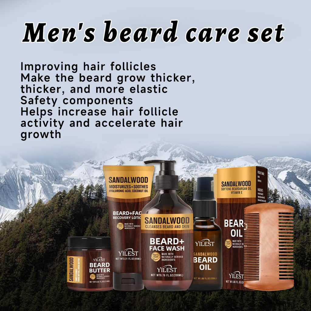 Sandalwood Beard Care Set – The Perfect Father's Day Gift | Nourish Follicles for Elastic Growth, Deeply Condition with Butter & Oil, Soothe Skin with Recovery Lotion & Gentle Wash