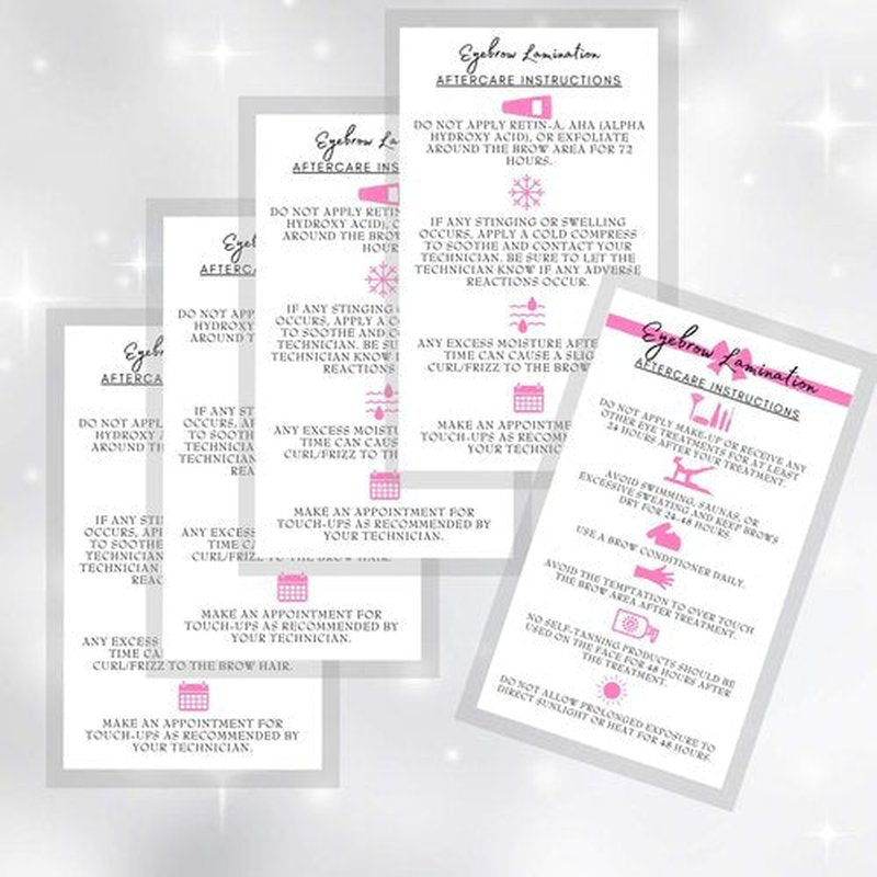 Brow Lamination Aftercare Instruction Cards | 50 Pack | 2x3.5” inches Business Card Size | Starter Lift Kit with Tint at home diy aftercare supplies | White with Pink Design