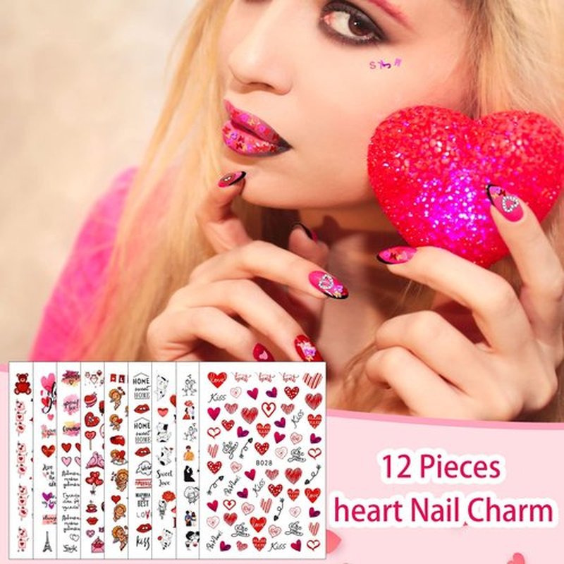 72 Set Valentine‘s Day Nail Charm 12 Pieces 3D Heart Nail Charm 48 Grids Heart Glitter Sequins for Valentine‘s Day Nail Art 12 Sheet Valentine‘s Day Nail Sticker with Nail Brushes Gems for Women Girls