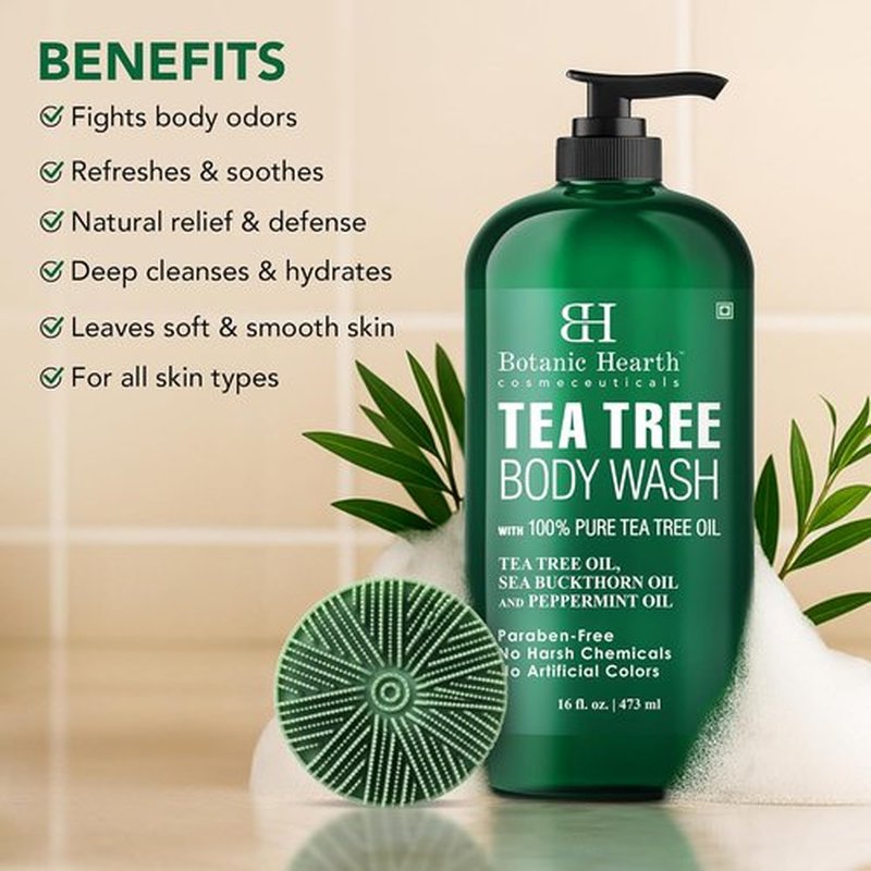Botanic Hearth Tea Tree Body Wash - Infused with 100% Pure Tea Tree Oil & Coconut | 16 fl oz with Dual-Sided Brush
