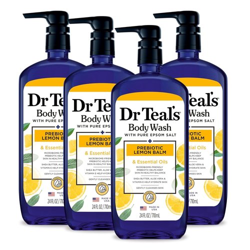 Dr Teal's Body Wash - Pure Epsom Salt with Prebiotic Lemon Balm & Sage | 24 Fl Oz (Pack of 4)