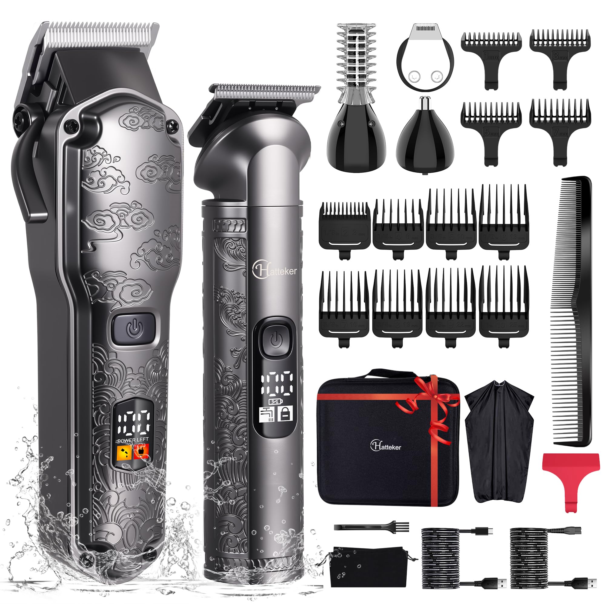 Hatteker Professional Hair Clippers for Men Beard Trimmer Clippers Set Waterproof T-Blade Trimmer Cordless Grooming Kit Nose Body Hair Barber Clippers Hair Cutting Kit