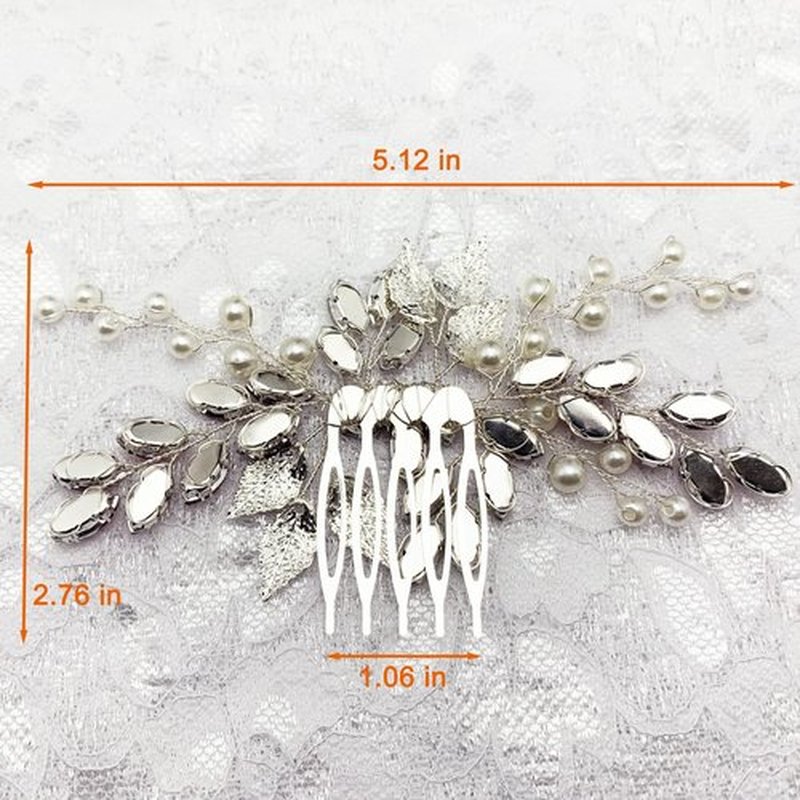 Bride Wedding Hair Comb Crystal Rhinestone Pearls Silver Leaf Hair Piece Accessories for Women Girls Homecoming Party (Red)