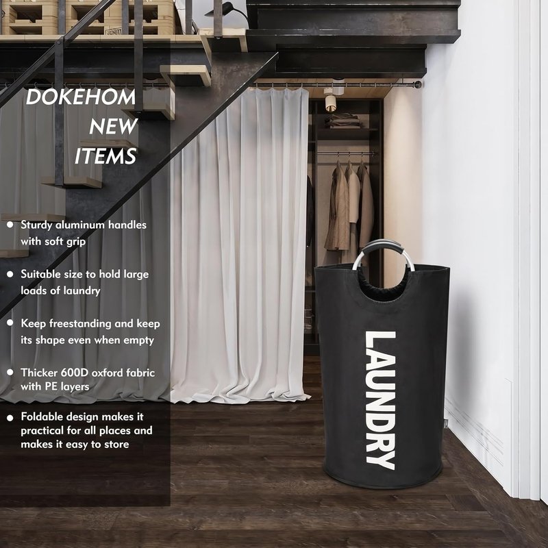 DOKEHOM 90L Collapsible Laundry Basket - Freestanding Tall Hamper for Easy Washing (Black)