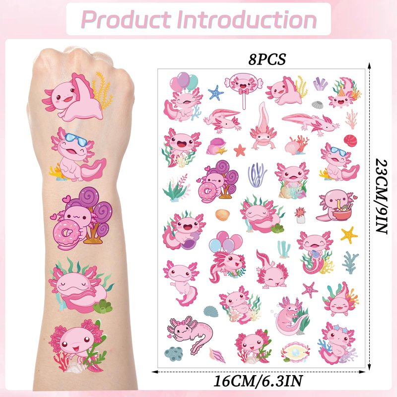 Yoyuspy Axolotl Temporary Tattoos Stickers - 200+ Axolotl Birthday Decorations Party Favors Supplies Decor Cute Pink Tattoo Temporary Adults Prizes Rewards Gifts
