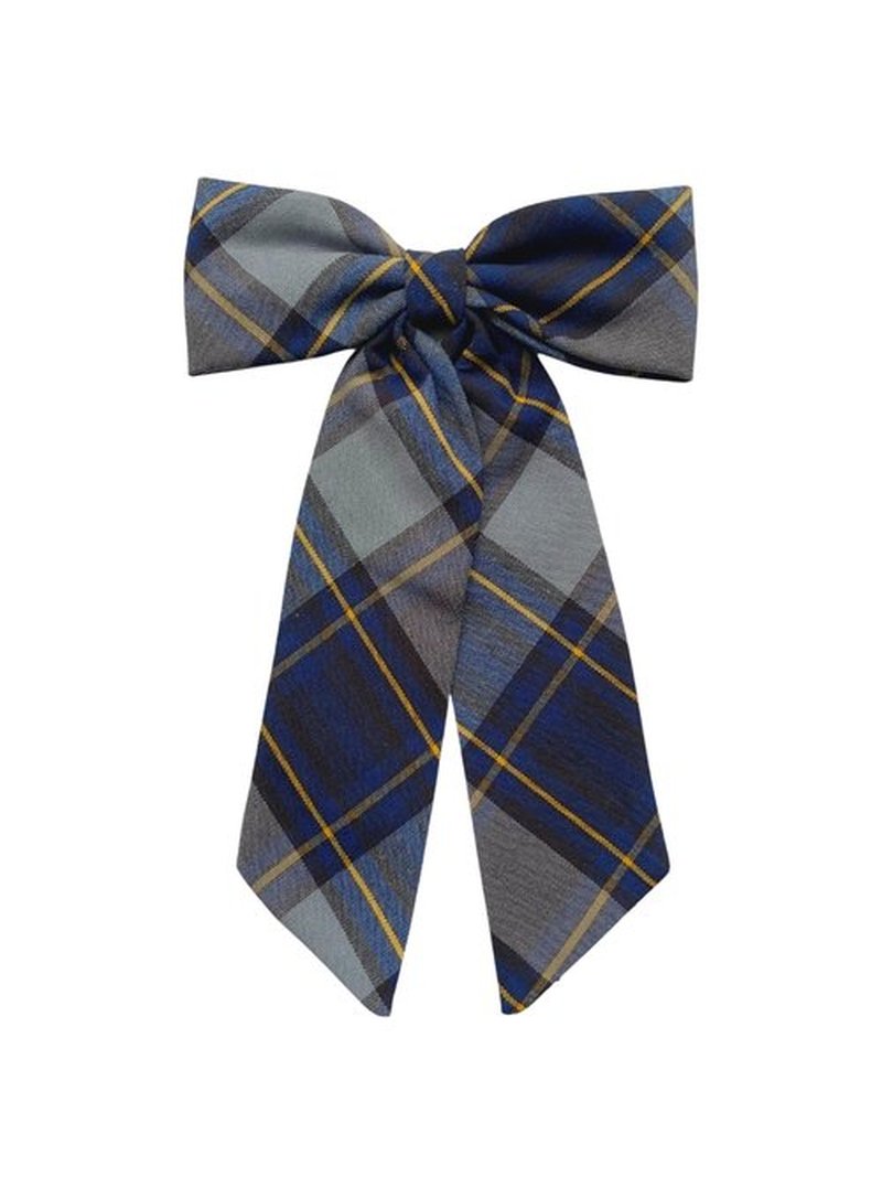 ClassExceed Jumbo Hair Bow for Girls – Extra Large 5"x8" with Long Tail & Secure French Barrette – Durable Yarn-Dyed Fabric – Elegant Back to School Accessory (Classic Navy Plaid- Blue Gold Gray #57)