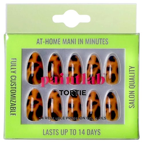 PaintLab Press-On Nails Manicure Kit, Tortie - Almond, 24-Piece Set, Long-Lasting Fake Nails with Glue, File, Prep Pad & Cuticle Stick