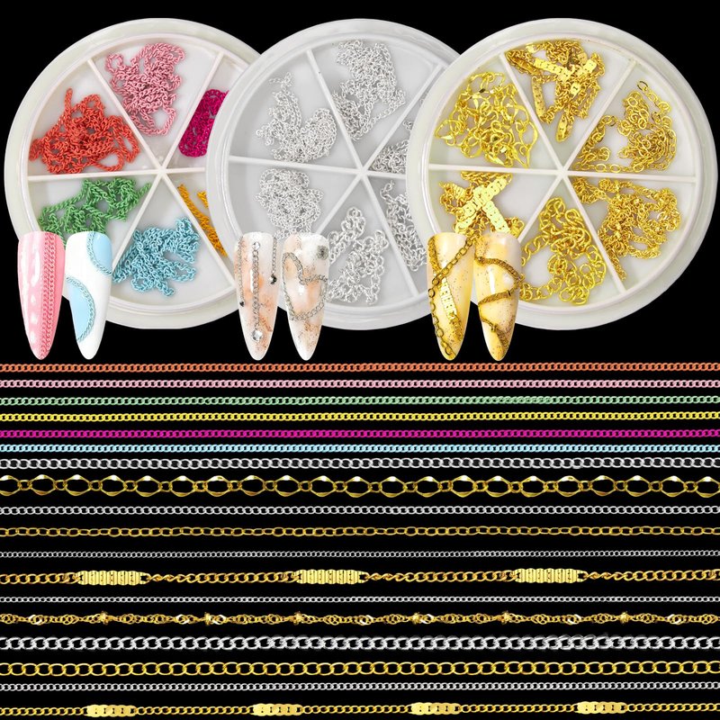XEAOHESY 3 Boxes of 18 Pieces Metal Nail Chains for Nail Art Gold Silver Colorful Chains for Nails Alloy Punk Chain Nail Charms for Women Decorations