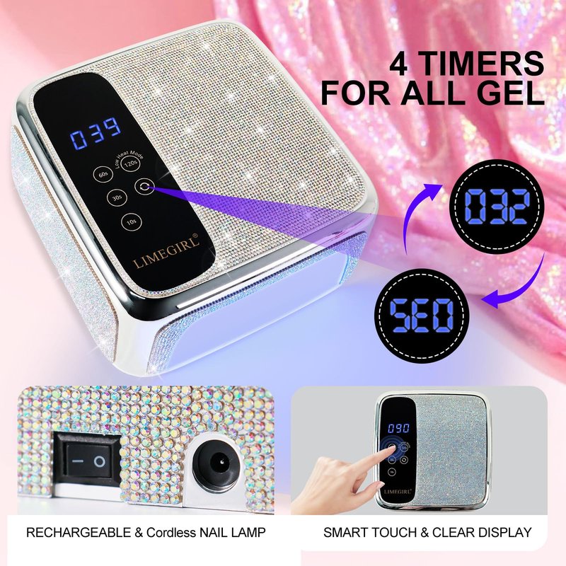 UV LED Nail Lamp Cordless, Professional UV Light for Gel Nail Polish, Fast Curing Lamp Nail Dryer with 4 Timers & LCD Touch Display, for Salon-Grade Gel Nails - Sparkling Diamond UV Nail Lamp (White)