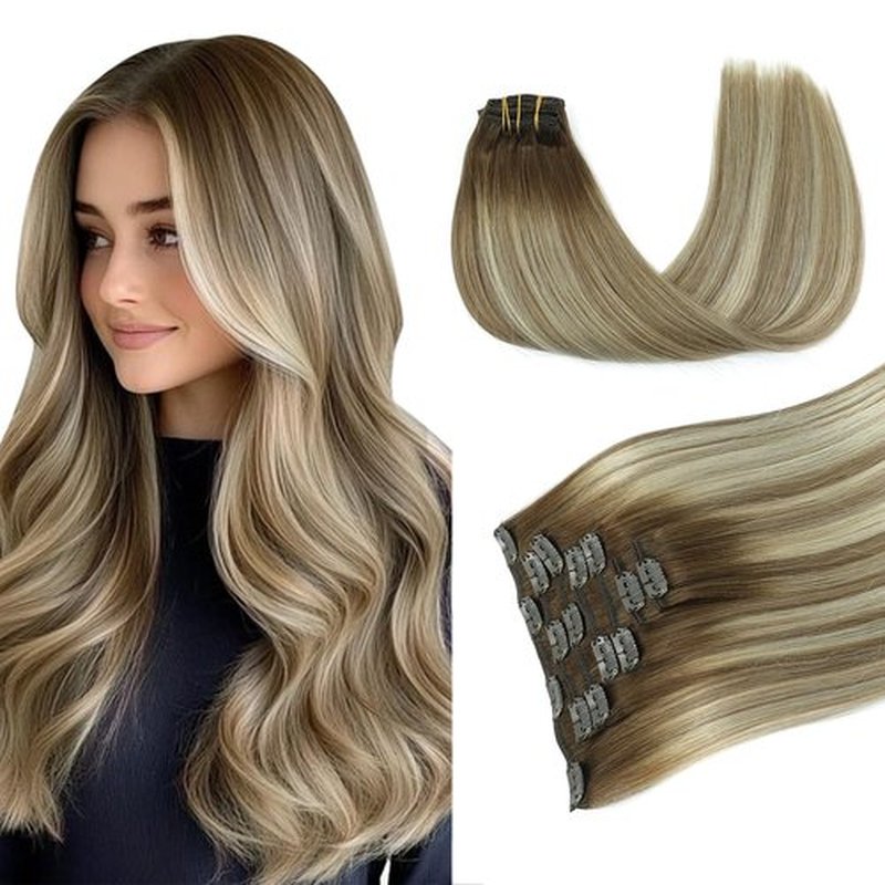 PINKPEARL Clip in Human Hair Extensions #3/8/22 Balayage Walnut Brown to Ash Brown and Golden Blonde Clip in Hair Extensions Real Human Hair 7pcs 120g 18inch Human Hair Extensios Clip ins(#3/8/22-18)