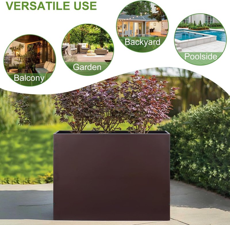 BAYN Metal Rectangular Planter Box - Modern Heavy-Duty Outdoor Planter with Drainage Holes | Brown, 32” x 12” x 24”