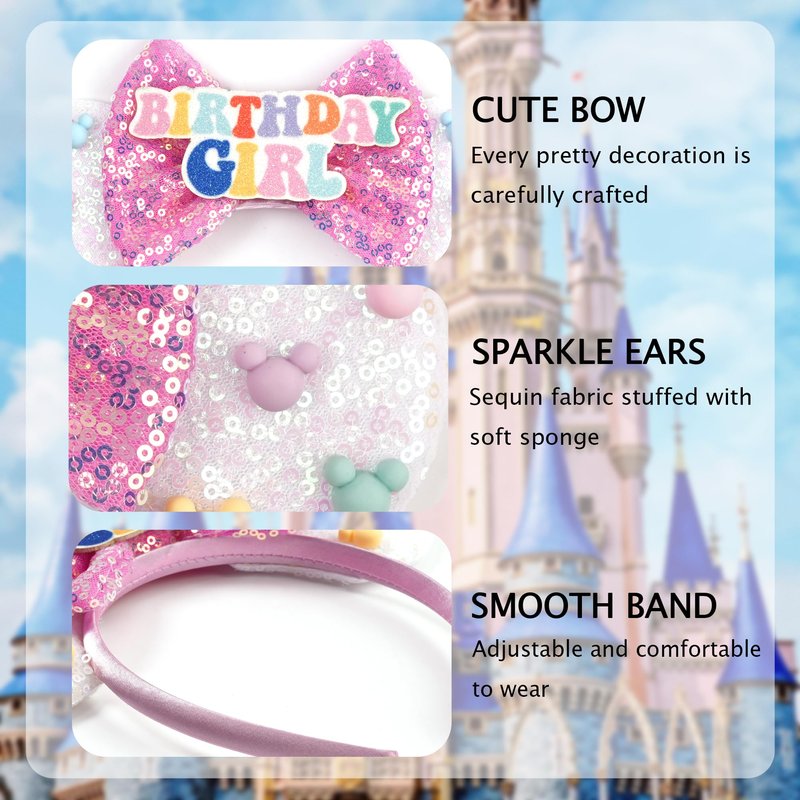 zhezesmila Mouse Ears for Women Birthday Girl Headband Sequin Ears Hair Accessories for Birthday Decorations Park Trips