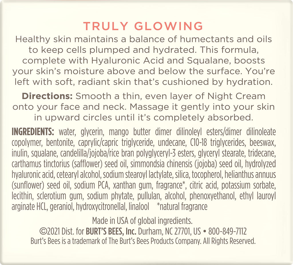 Burt's Bees Truly Glowing Night Cream Unisex 1.8 oz, White (I0115908)