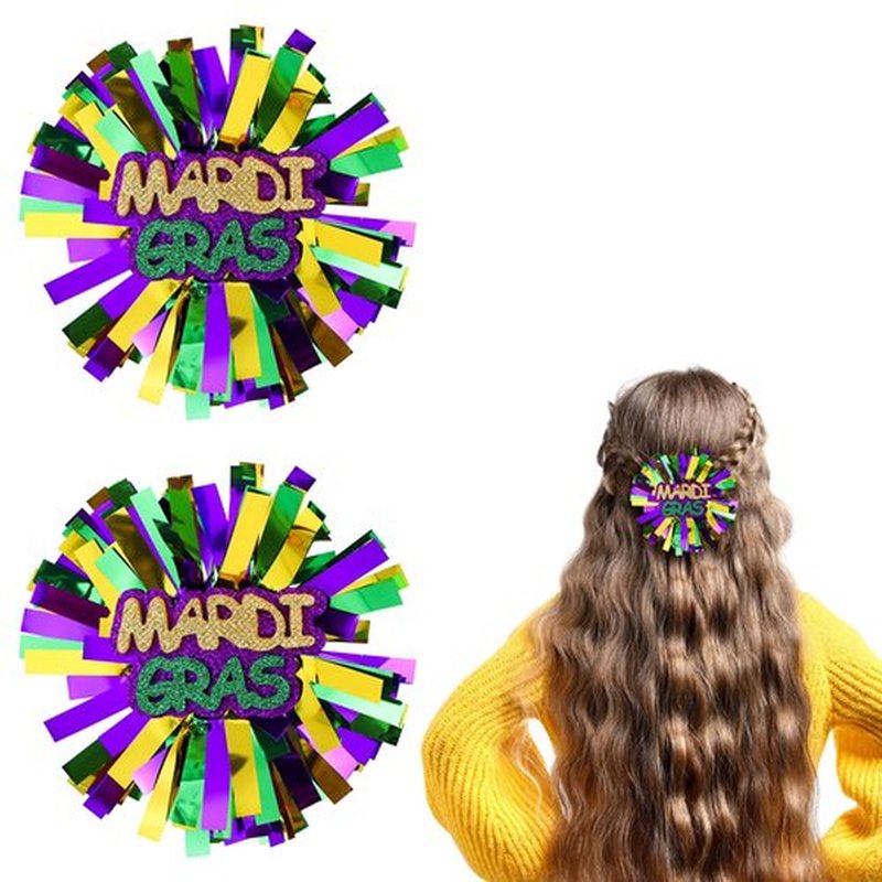 Happy Mardi Gras Hair Bows Glitter Metallic Green Gold Purple Pom Pom Cheer Barrettes Hairpins Fat Tuesday Parade Costume Outfit Decor Accessories Gift for Women Girls Kids