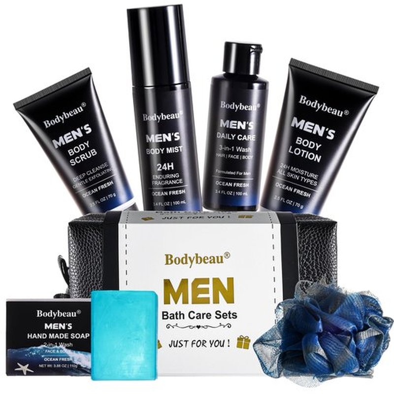 Gift for Men, 7-Piece Bath and Body Spa Gift Set, Men's Skin Care Includes 3-in-1 Face Wash, Handmade Soap, Body Mist, Lotion, Shower Sponge & Travel Bag-Gifts for Dad, Husband, Boyfriend and Friends