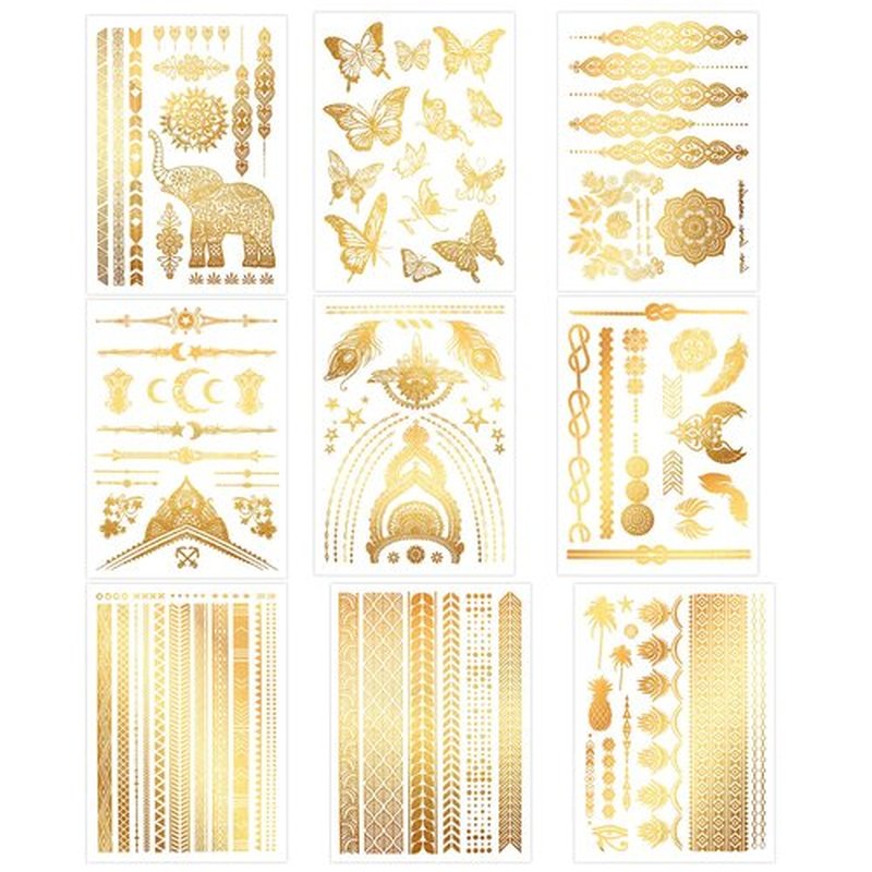 Konsait 9 Sheets Gold Temporary Tattoos, Flash Moon Butterfly Elephant Metallic Tattoos, Metallic Temporary Tattoos for Women Girls, Gold Face Tattoos for Parties Makeup Cosplay Festival Accessories