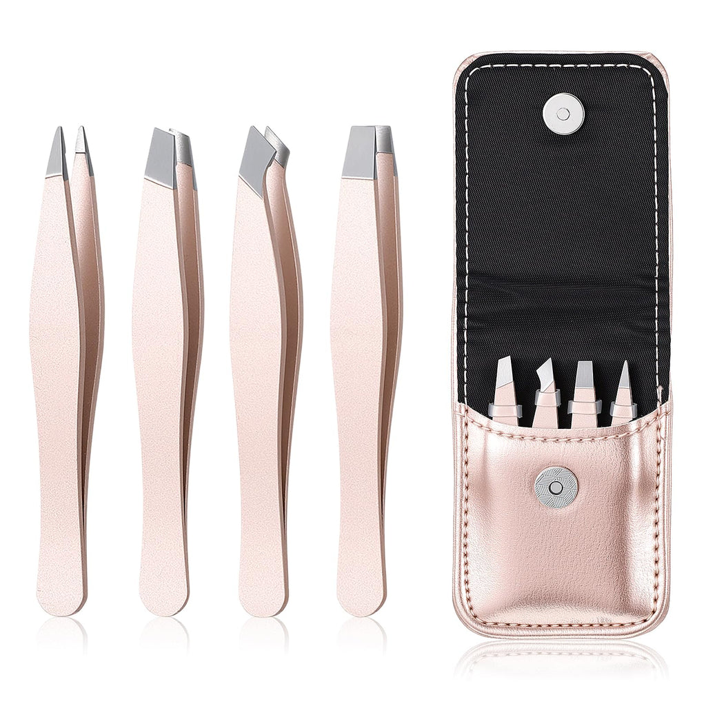 4 Pcs Mini Stainless Steel Eyebrow Tweezers Set with Leather Travel Case Gold Precision Tweezers for Eyebrows Small Portable Hair Eyebrow Tweezer for Women Men Facial Hairs Plucking Removal