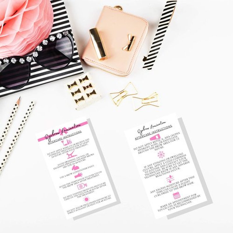 Brow Lamination Aftercare Instruction Cards | 50 Pack | 2x3.5” inches Business Card Size | Starter Lift Kit with Tint at home diy aftercare supplies | White with Pink Design