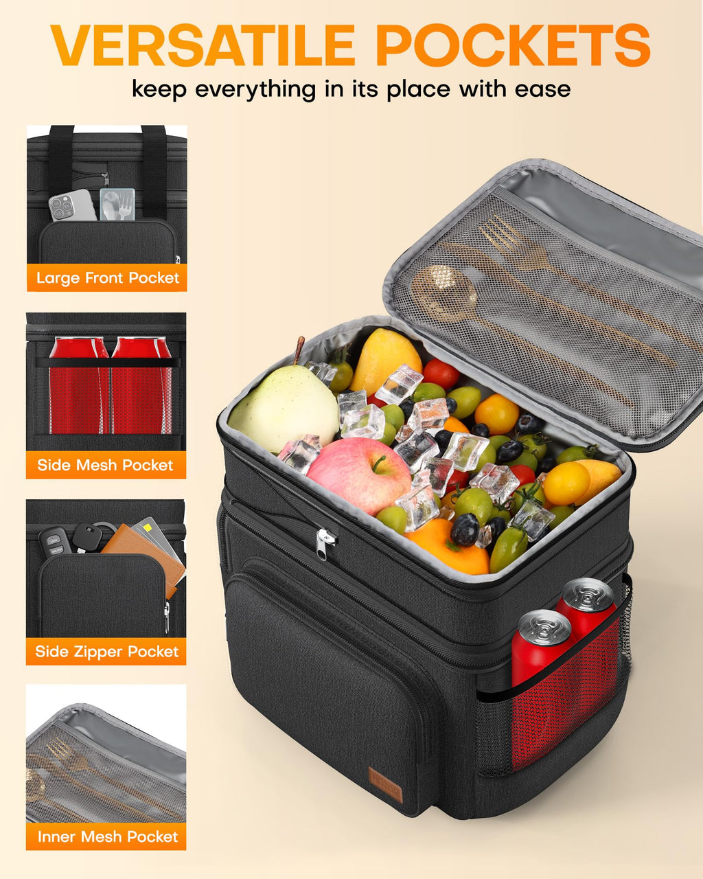 HOTOR Lunch Box for Men and Women - Leak-Proof Insulated Lunch Cooler Bag with Adjustable Strap, Multiple Pockets for Office, Picnic, Hiking, Beach, 2 Layer, 32L, Black, 14.6" x 10.7" x 13.0"