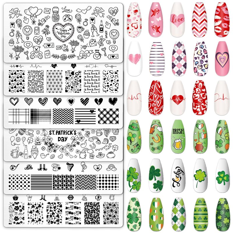 Whaline 6Pcs St. Patrick's Day Valentine Nail Art Stamping Plates Kit Love Heart Spring Shamrock Image Stamp Templates Nail Art Plates Set for DIY Print Manicure Salon Design