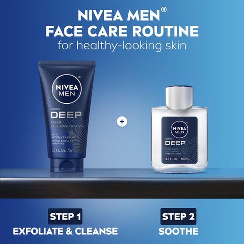 NIVEA MEN Deep Clean Face Wash and Scrub with Natural Charcoal, Exfoliating Face Wash for Men Removes Excess Oil, Dirt and Impurities, Beard Friendly Skin Care, 2.5 Fl Oz Tube, Pack of 3