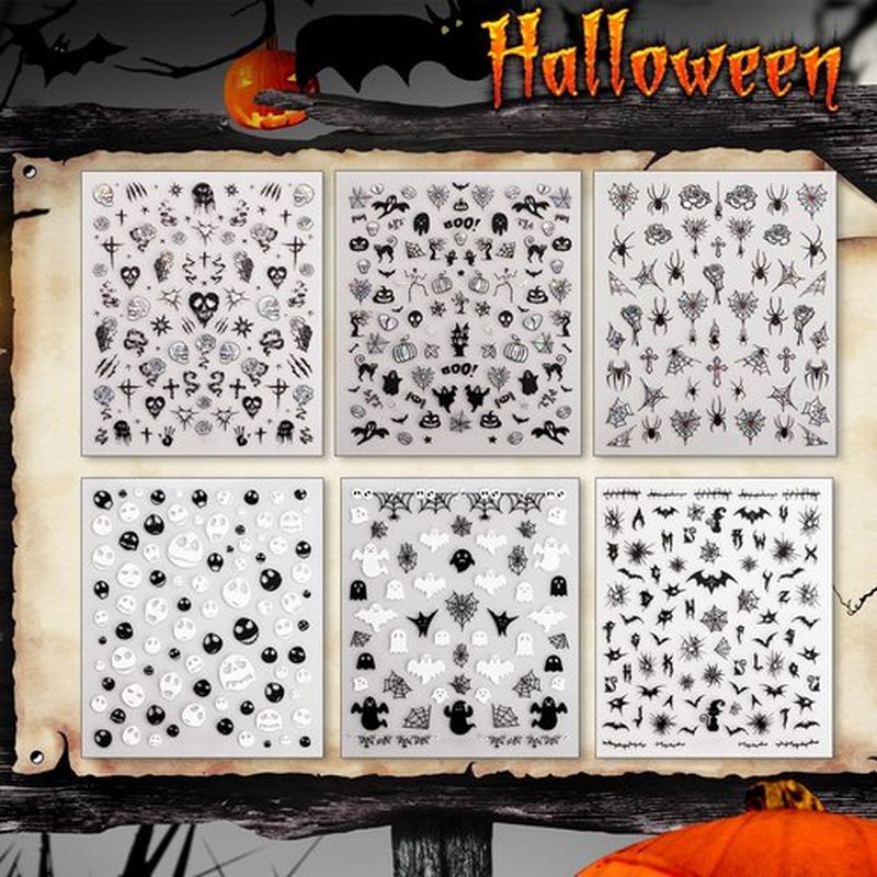 6 Sheets Halloween Nail Stickers – Black & White Holographic Gothic Ghost Skull Spider Web Nail Art Decals, Self-Adhesive Halloween Cute Manicure Decorations for Women Girls DIY Nail Art