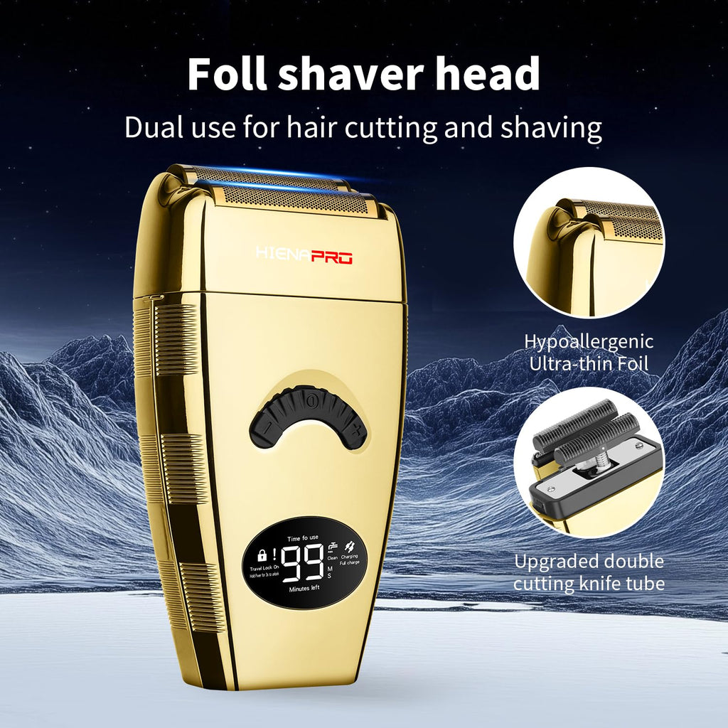 HIENA PRO Reciprocating Foil Shaver for Men, Professional Bald Precision Trimmer and Beard Trimmer, Electric Foil Shaver with USB Charging, Grooming Tools, Gifts for Men(Gold)