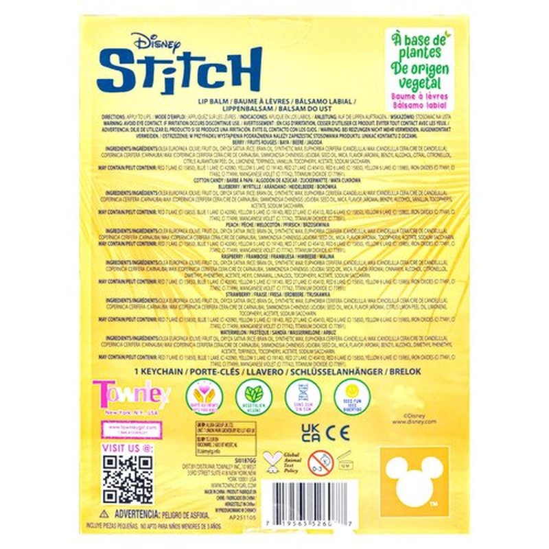 Stitch 7 Pack Lip Balm with Keychain, Plant Based Lip Balm for Girls, Kids Chapstick Age 3+ by Townley Girl