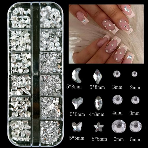 Silver Nail Charms Y2K Kit, 5 Boxes 3D Nail Charms and Gems Rhinestones for Nail Art Accessories, Silver Piercing Cross Charms for Nails Design Star, Flatback Pearls Caviar Beads for Nails Decor