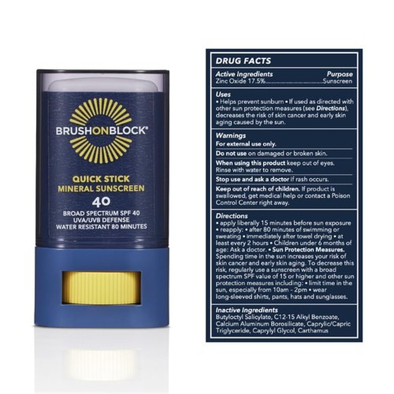 Brush On Block Quick Stick SPF 40, Mineral Sunscreen Stick, UVA/UVB Protection, Water Resistant, Hawaii Compliant, Reef Friendly, 0.63 oz