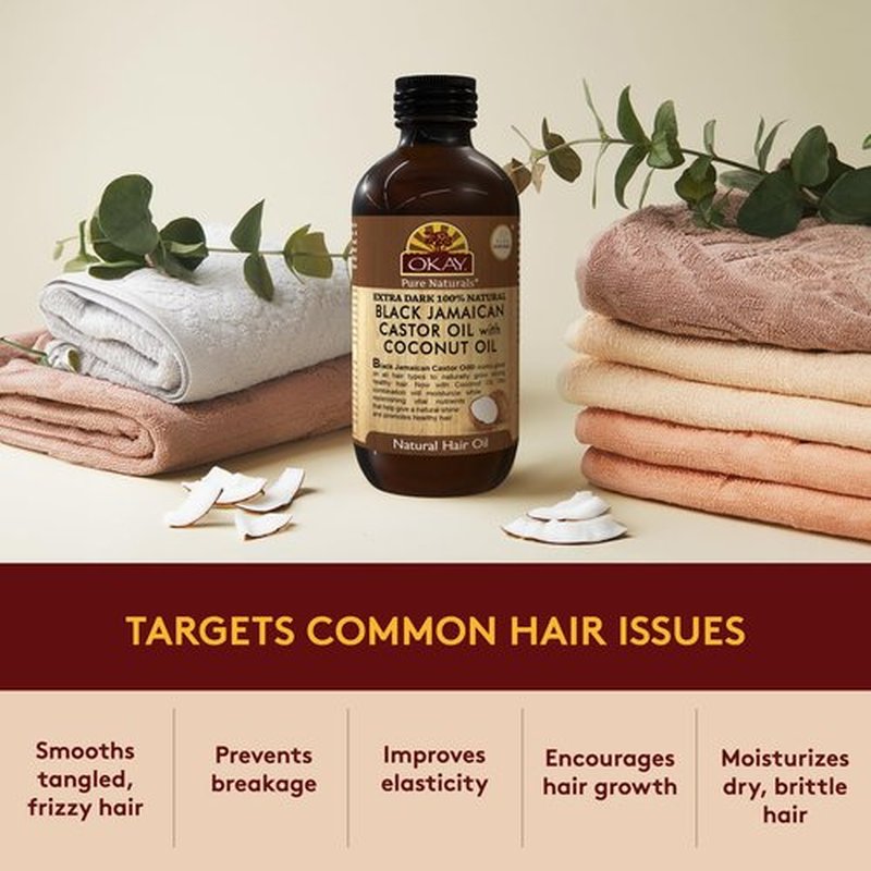 Okay Pure Naturals 100% Pure Black Jamaican Castor Oil with Coconut Oil - Castor Oil for Hair Growth for Men & Women, Moisture for Skin, Scalp, Eyelashes, Eyebrows - 4 oz Glass Bottle (2 Pack)