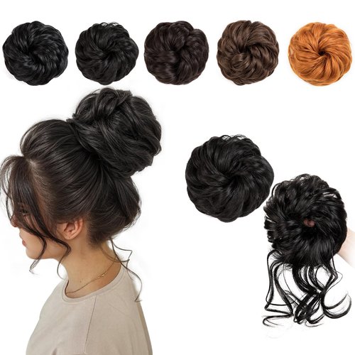 NEOWIG 2PCS Messy Bun Hair Piece Hair Bun Wavy Curly Synthetic Updo Fake Scrunchies Ponytail Extension for Women Black Brown
