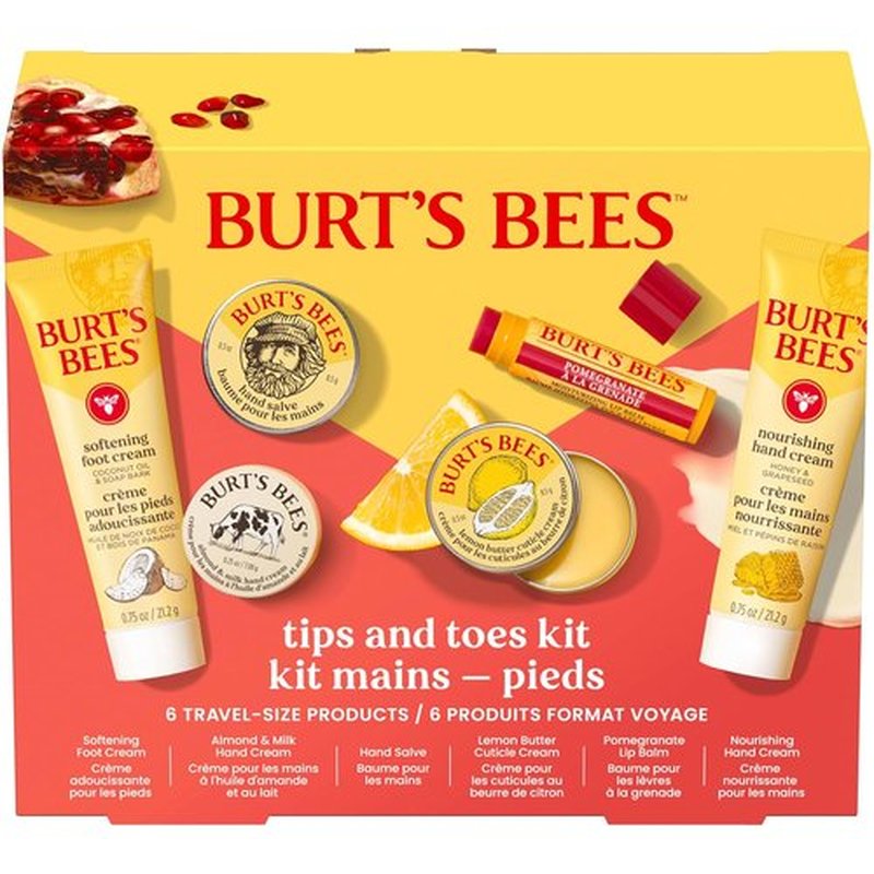 Burt's Bees Tips and Toes Gift Set - 6 Travel Size Essentials with Pomegranate Lip Balm & Creams