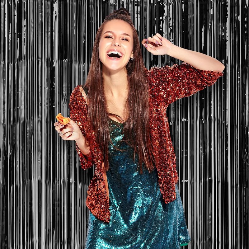 Voircoloria Laser Black Foil Fringe Backdrop Curtains - 3 Pack Tinsel Streamers for Parties & Events | 3.3 x 8.2 ft