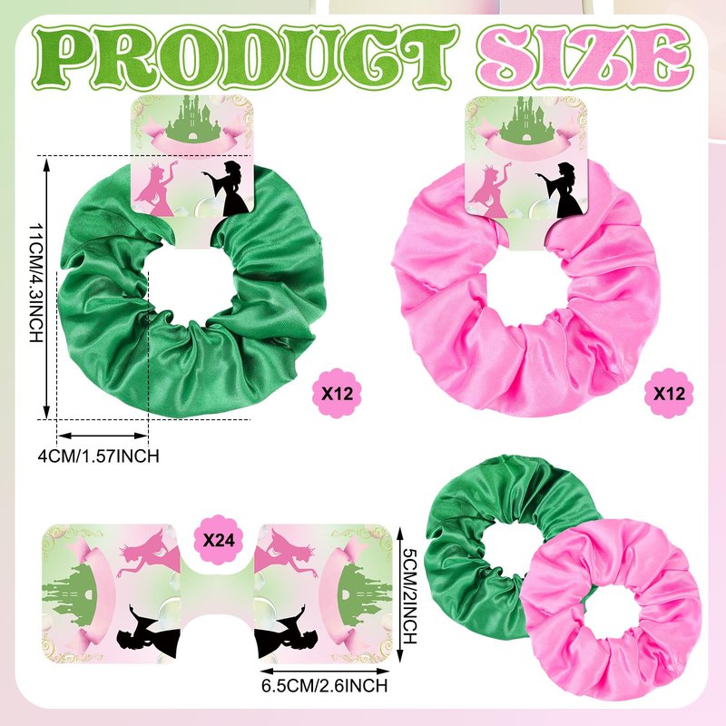 Yuxung 24 Pcs Pink and Green Silk Hair Scrunchies with Quote Card Witch Party Favor Soft Hair Tie, Ponytail Holder, Elastic Bobbles Ropes Hair Accessories Crown Witch Movie Fan Gift for Girls Women