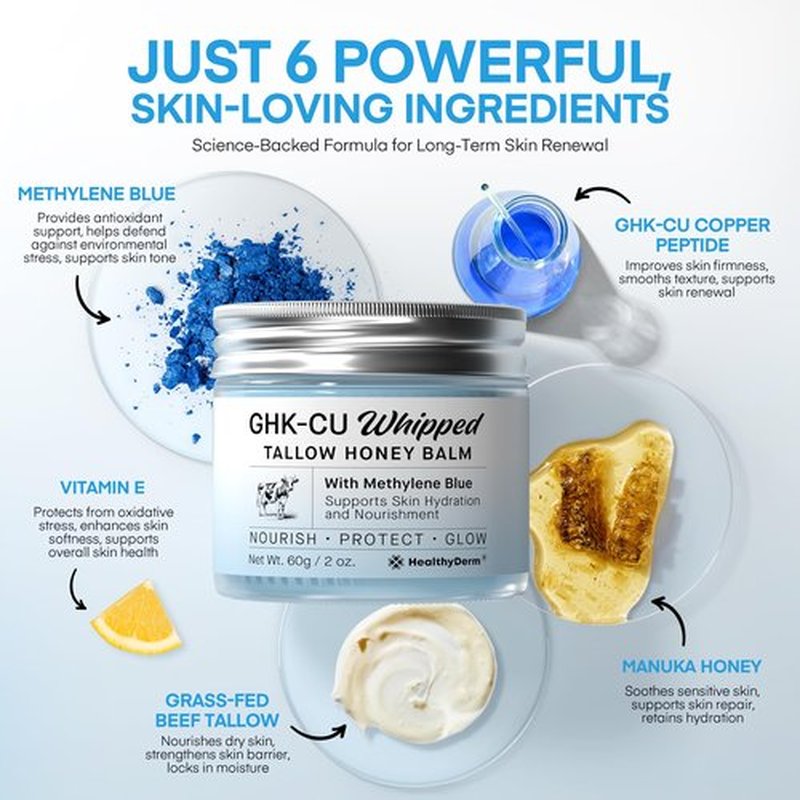 HealthyDerm Copper Peptides GHK-Cu Beef Tallow for Skin: Blue Balm with Methylene Blue, Manuka Honey & Vitamin E – Natural Face and Body Moisturizer for Mature, Dry & Sensitive Skin – 2oz