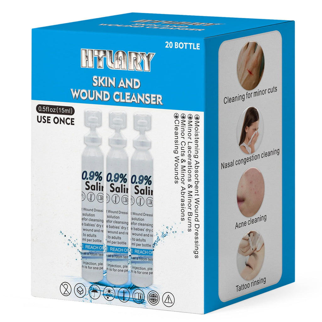 HTLARY Sterile Saline Solution, 20-Pack Skin and Wound Cleanser, 0.9% Sodium Chloride Wound Wash & Nasal Rinse